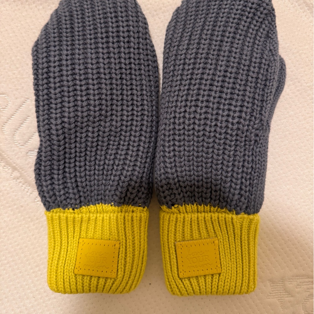Love Your Melon Charcoal and Yellow Knit Mittens. Excellent condition.